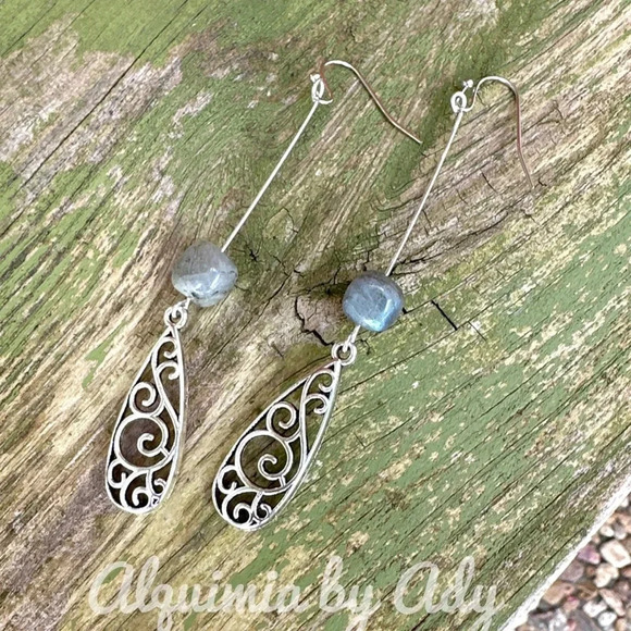 Labradorite drops dangle extra long earrings silver statement mandalas bohemian - Picture 1 of 3